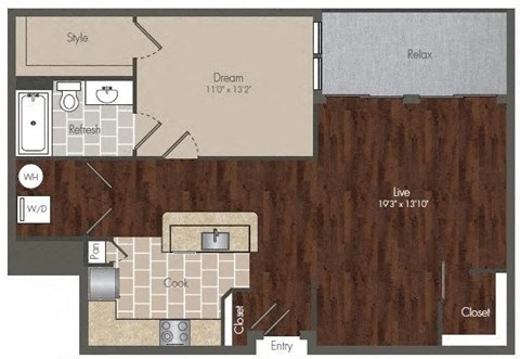 Floor plan for 1 bed, 1 bath, 884 sqft